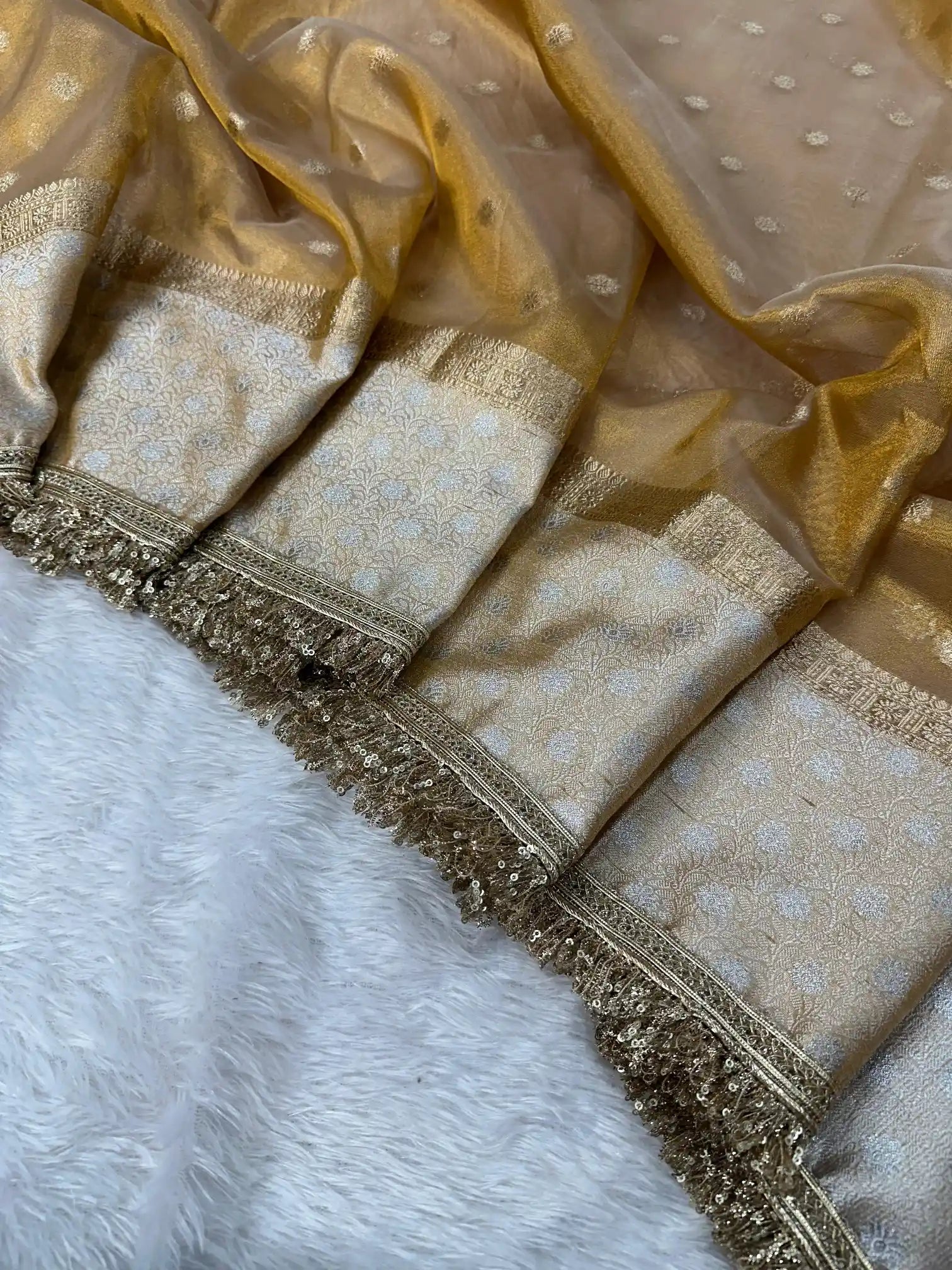 Golden Copper Tissue Silk Lace Work Banarasi Saree