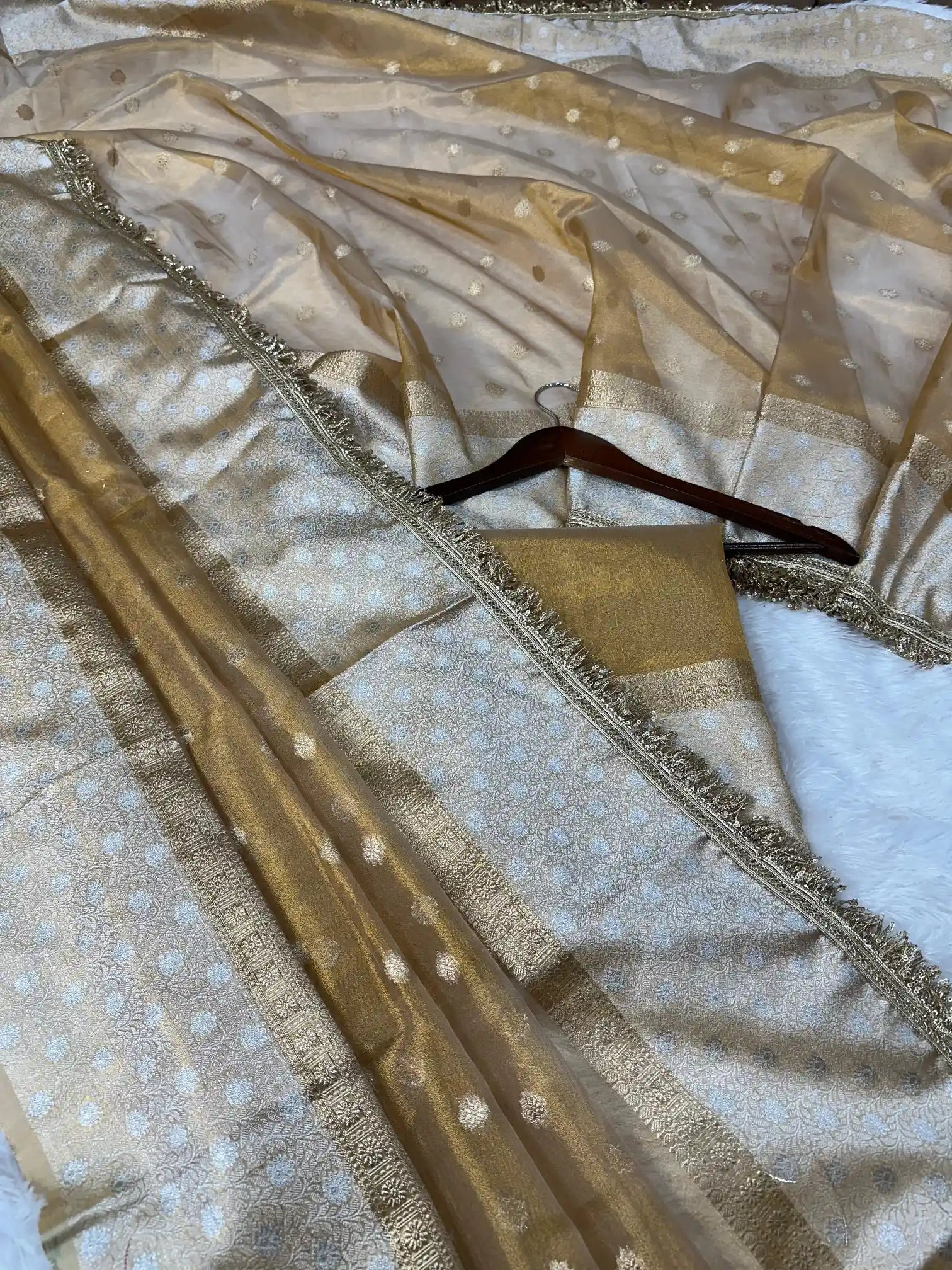 Golden Copper Tissue Silk Lace Work Banarasi Saree