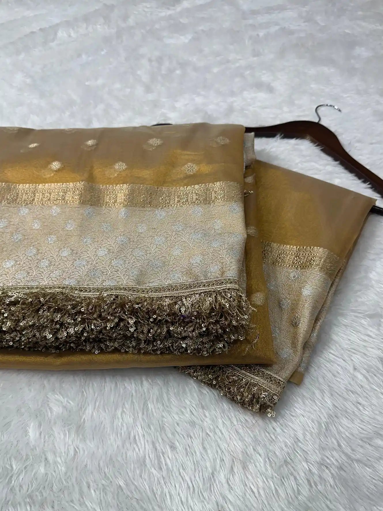 Golden Copper Tissue Silk Lace Work Banarasi Saree