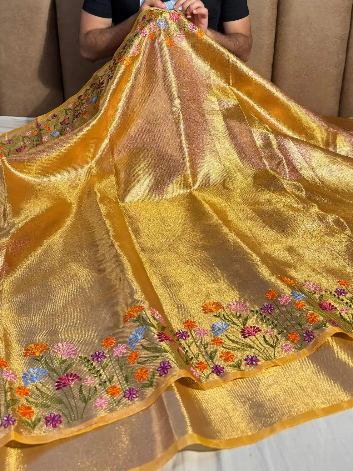 Golden Designer Tissue Silk Saree with Rich Border Chikankari and pallu 