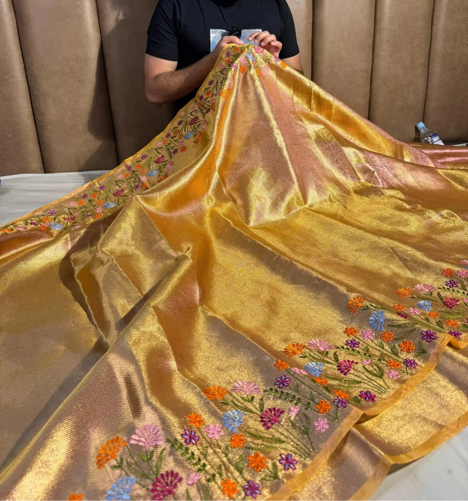 Golden Designer Tissue Silk Chikankari Work Banarasi Saree