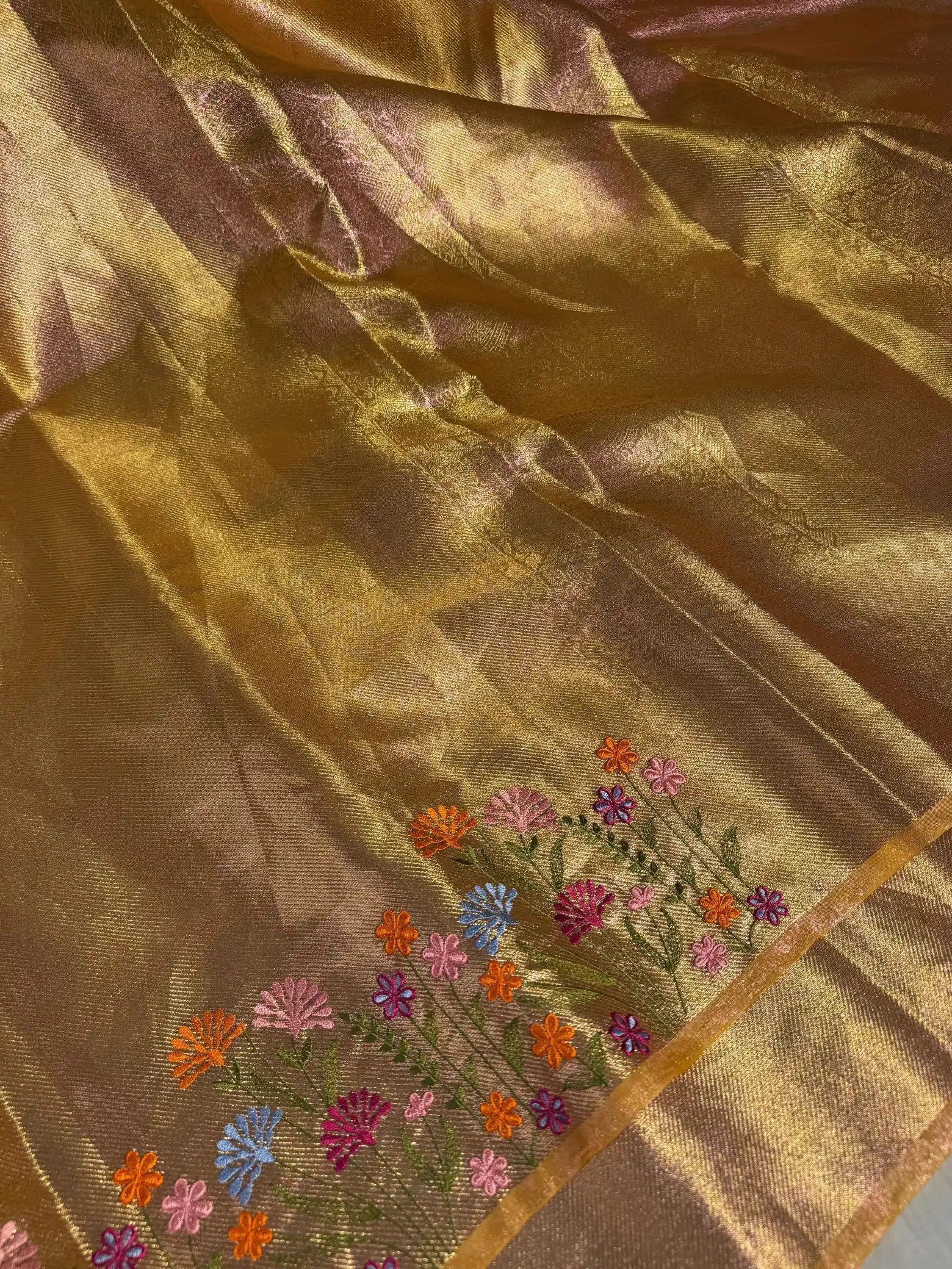 Golden Designer Tissue Silk Saree with Rich Border Chikankari and pallu 
