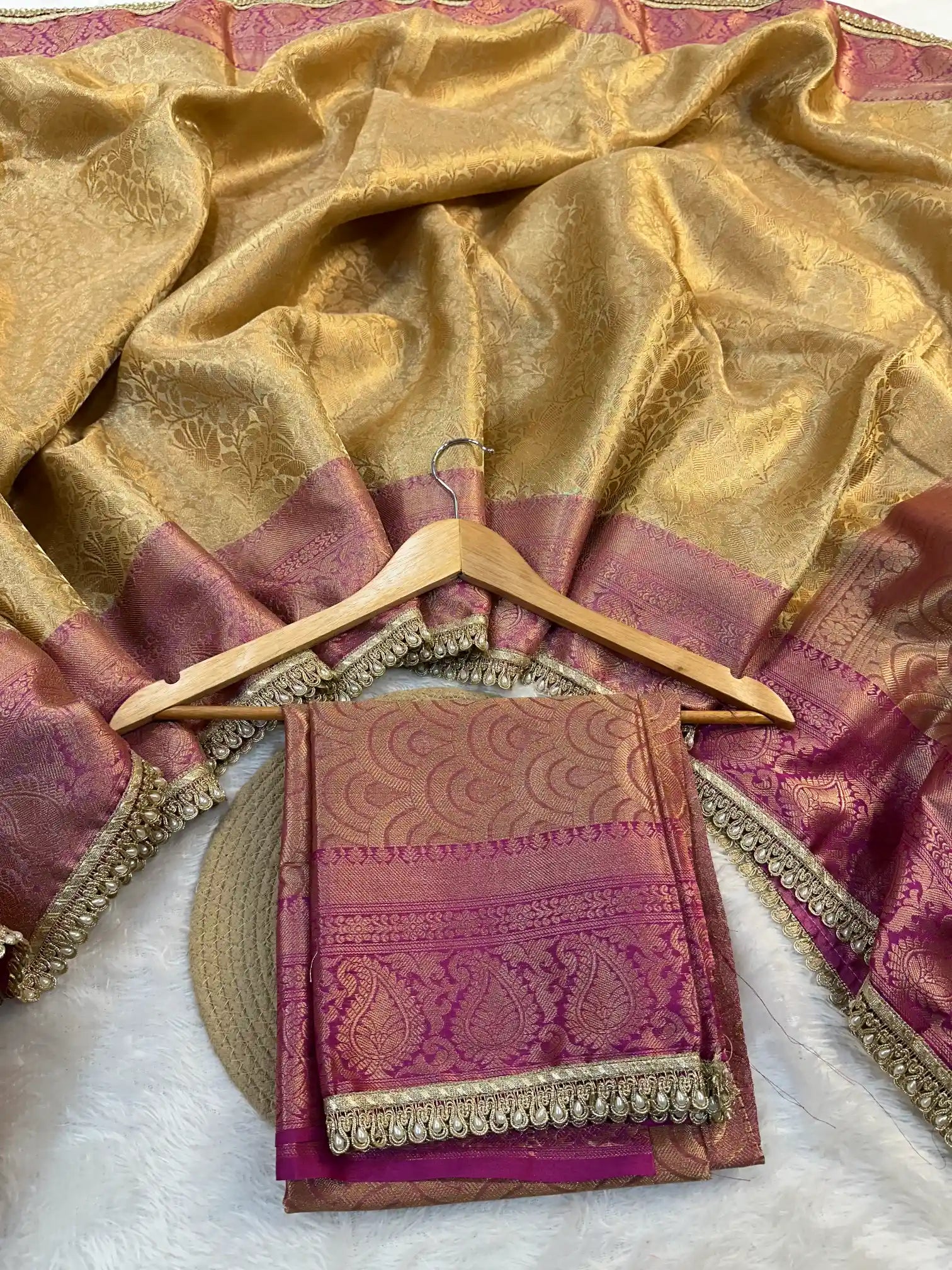Golden Embossed Tissue Silk Traditional Lace Work Banarasi Saree