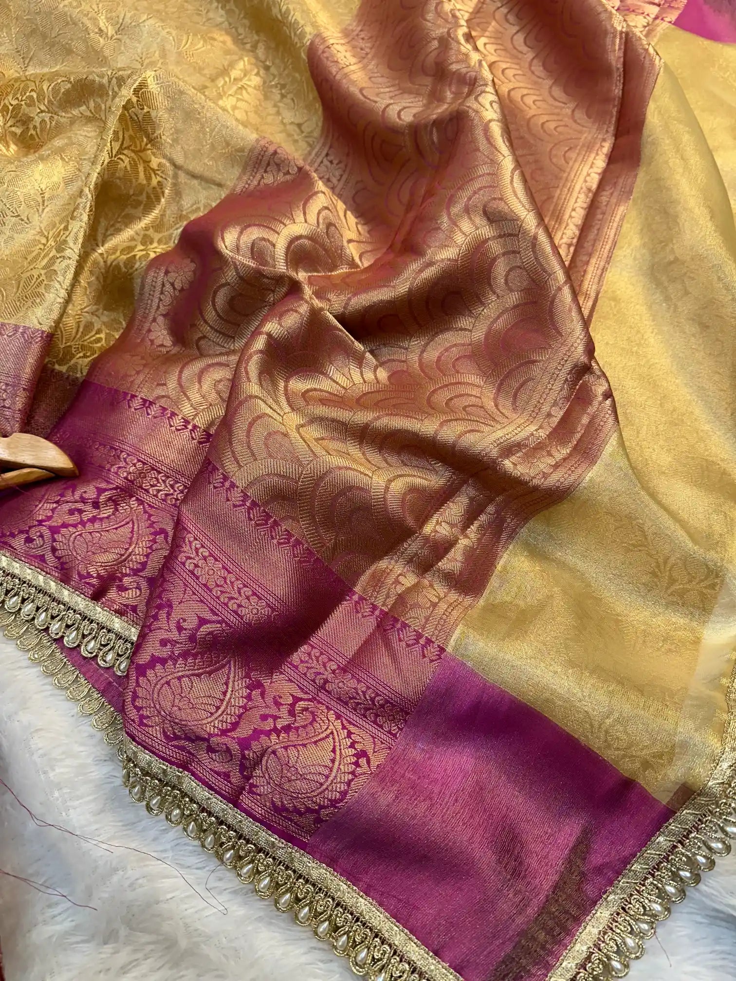 Golden Embossed Tissue Silk Traditional Lace Work Banarasi Saree