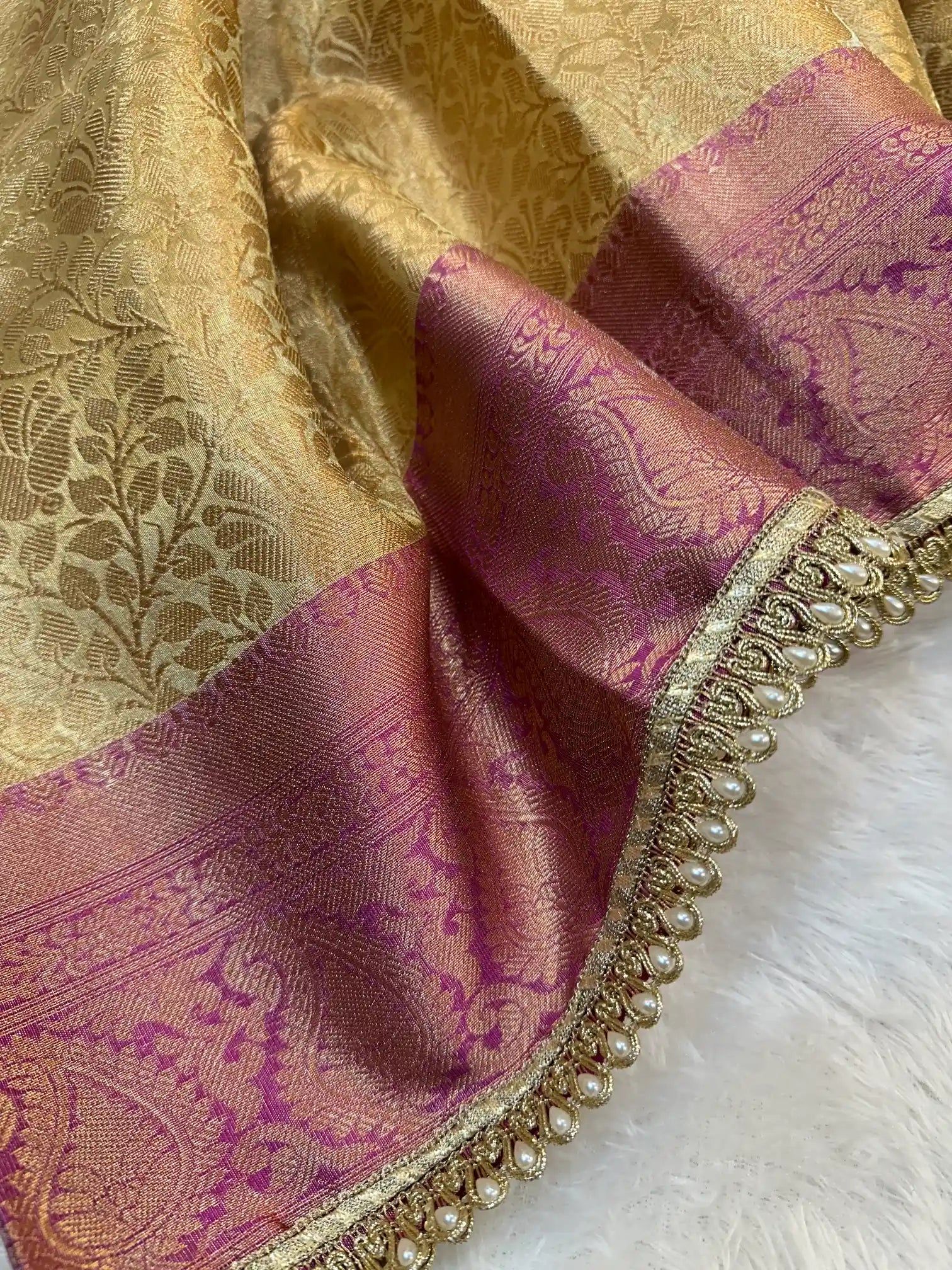 Golden Embossed Tissue Silk Traditional Lace Work Banarasi Saree