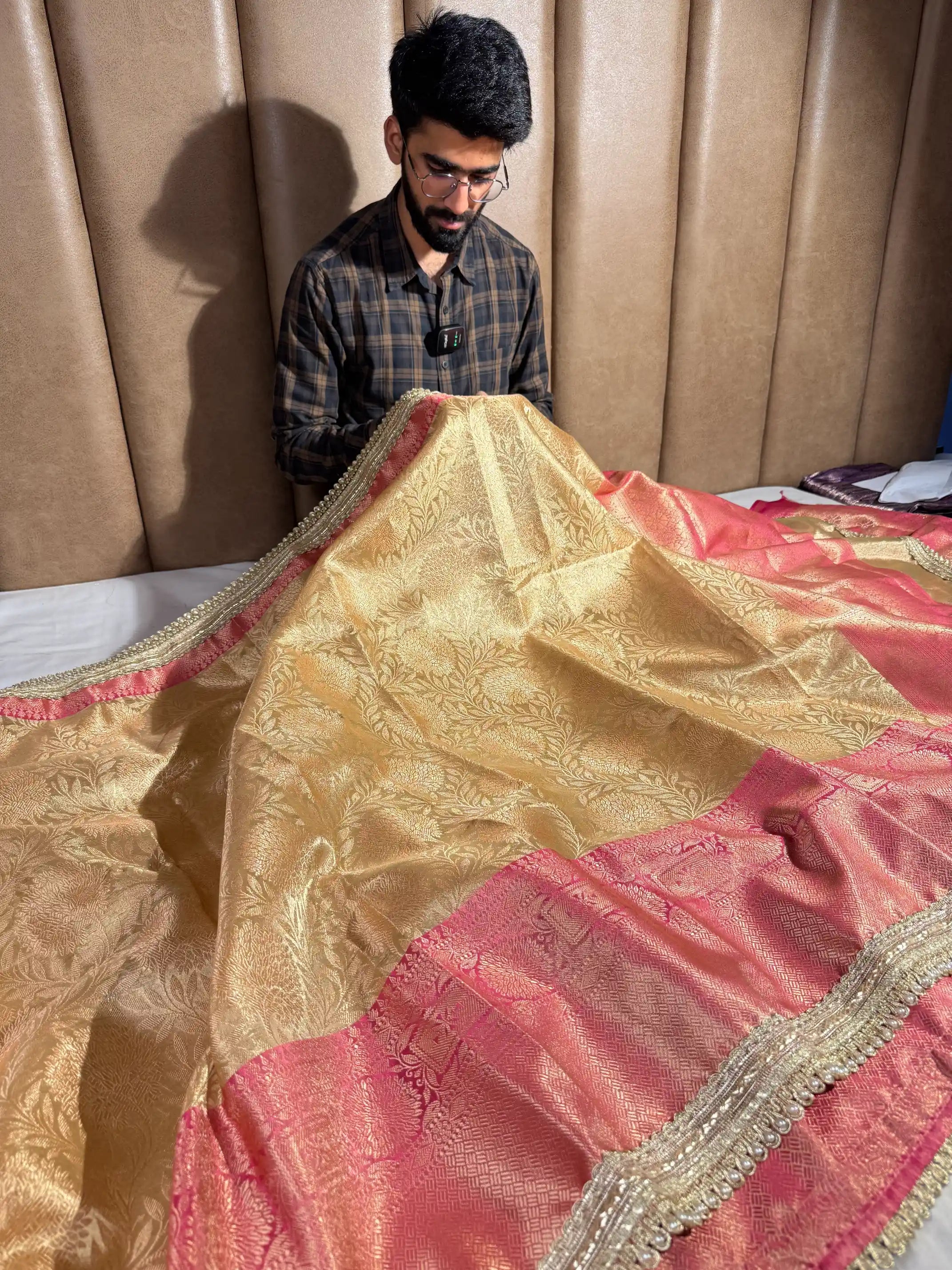 Golden Embossed Tissue Silk Lace Work Banarasi Saree