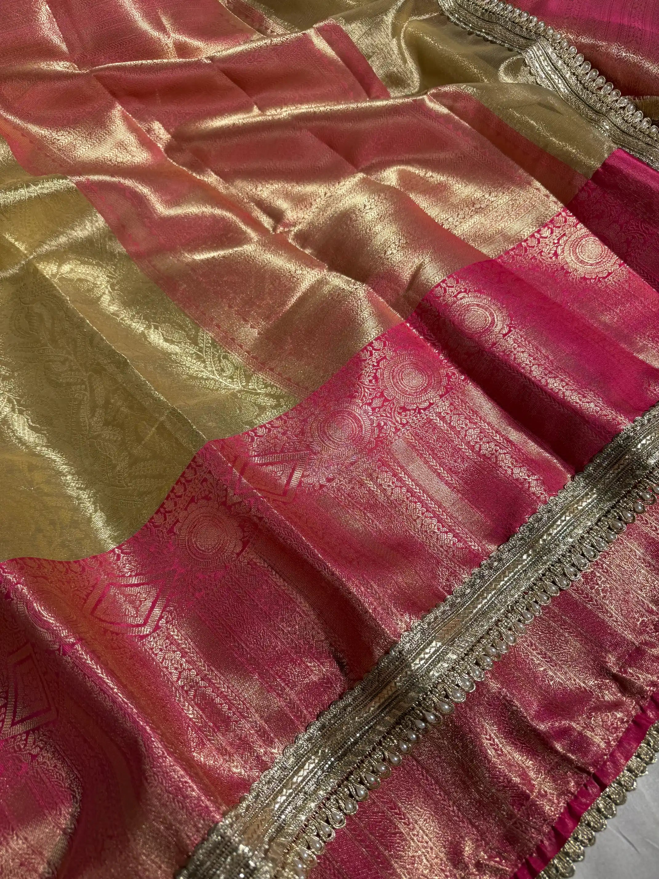 Golden Embossed Tissue Silk Lace Work Banarasi Saree