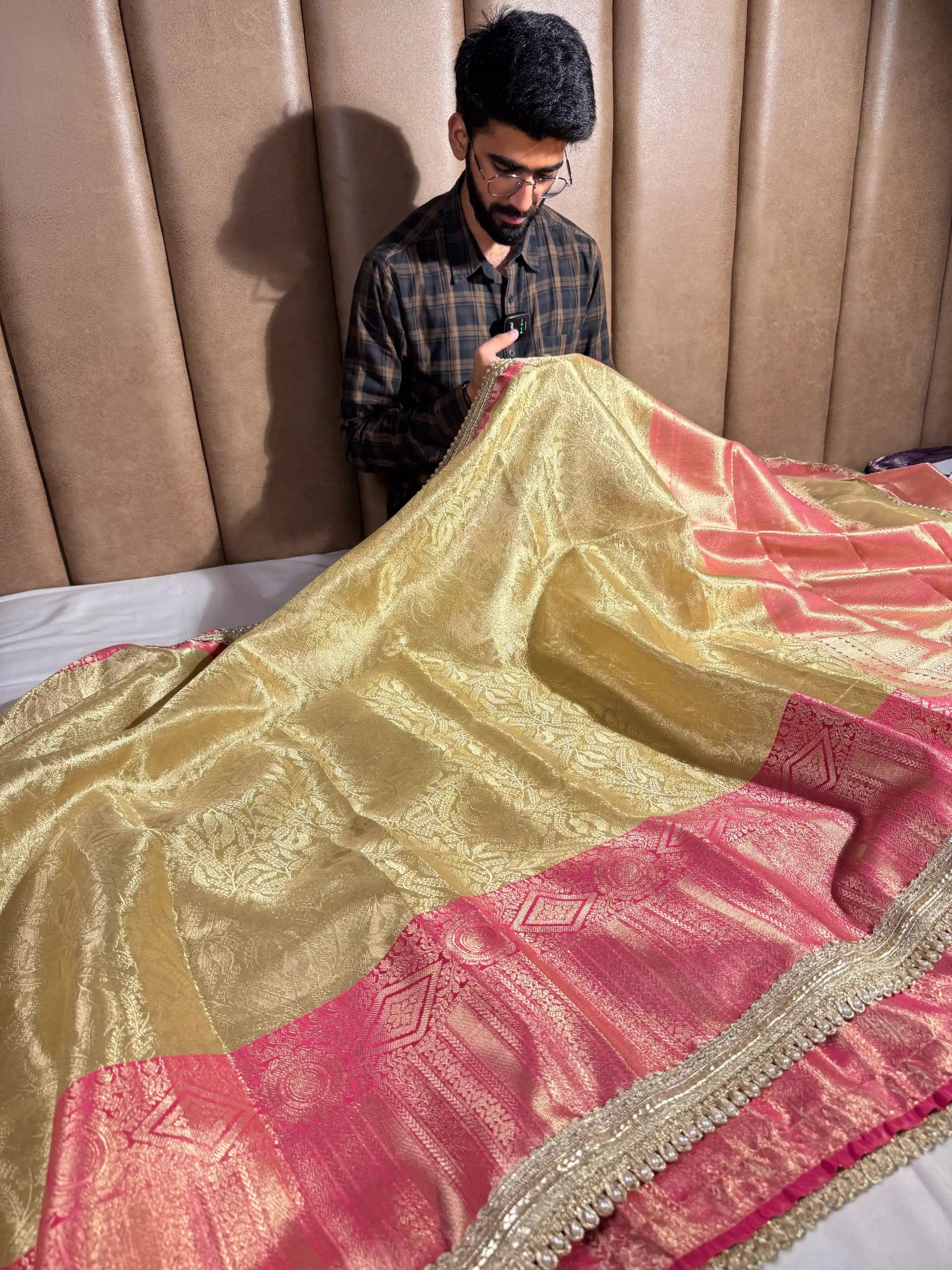 Golden Embossed Tissue Silk Lace Work Banarasi Saree