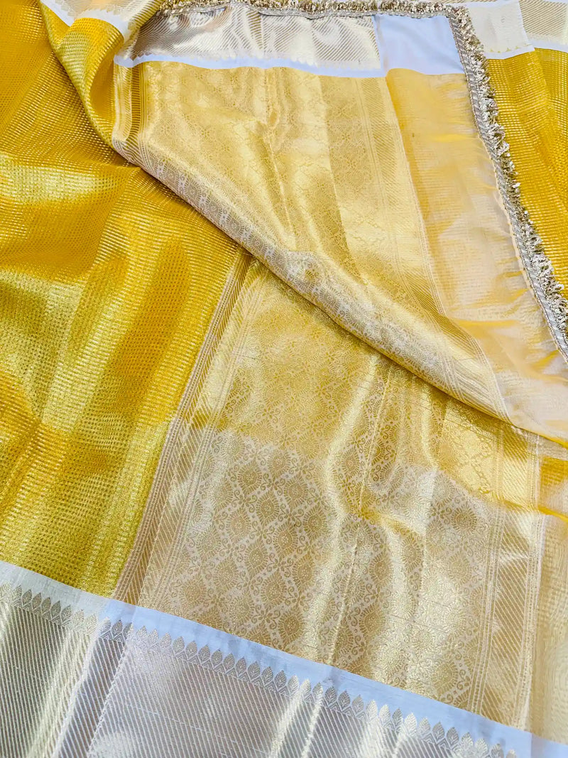 Golden Kanjeevaram Tissue Silk Lace Attached Brocade Saree