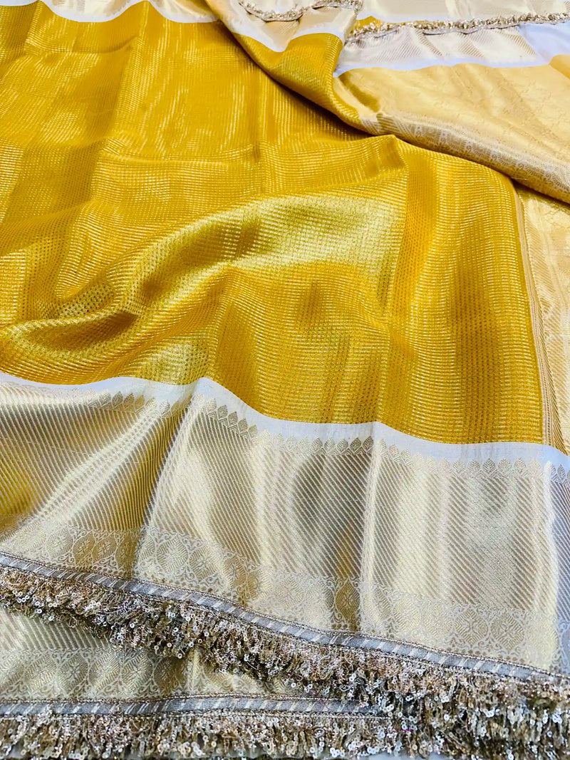 Golden Kanjeevaram Tissue Silk Lace Attached Brocade Saree