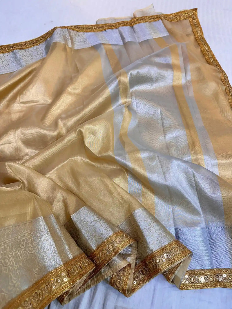 Golden Tissue Silk Rich Silver Zari Banarasi Saree