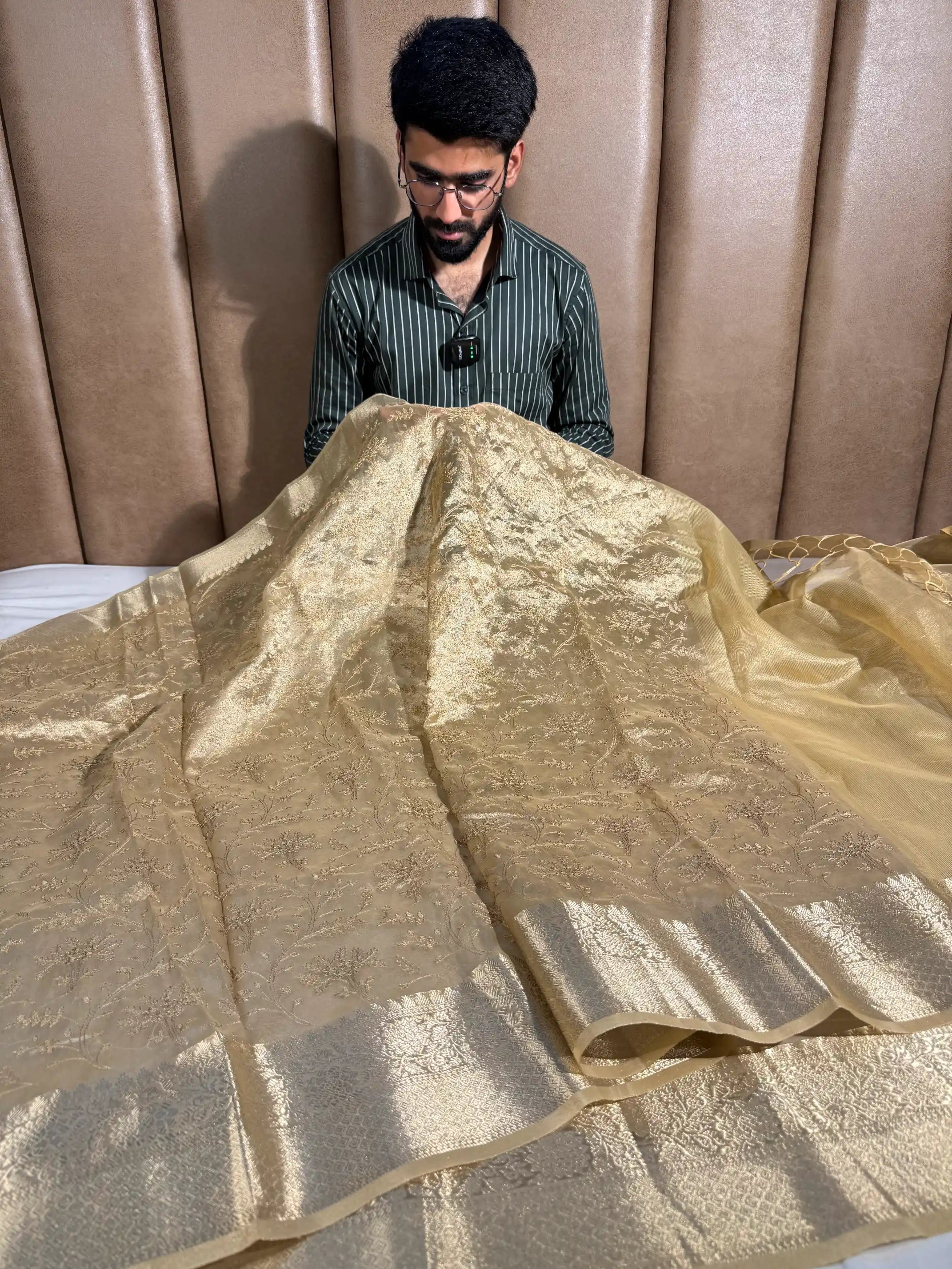 Golden Tissue Silk Traditional Embroidery Work Banarasi Saree