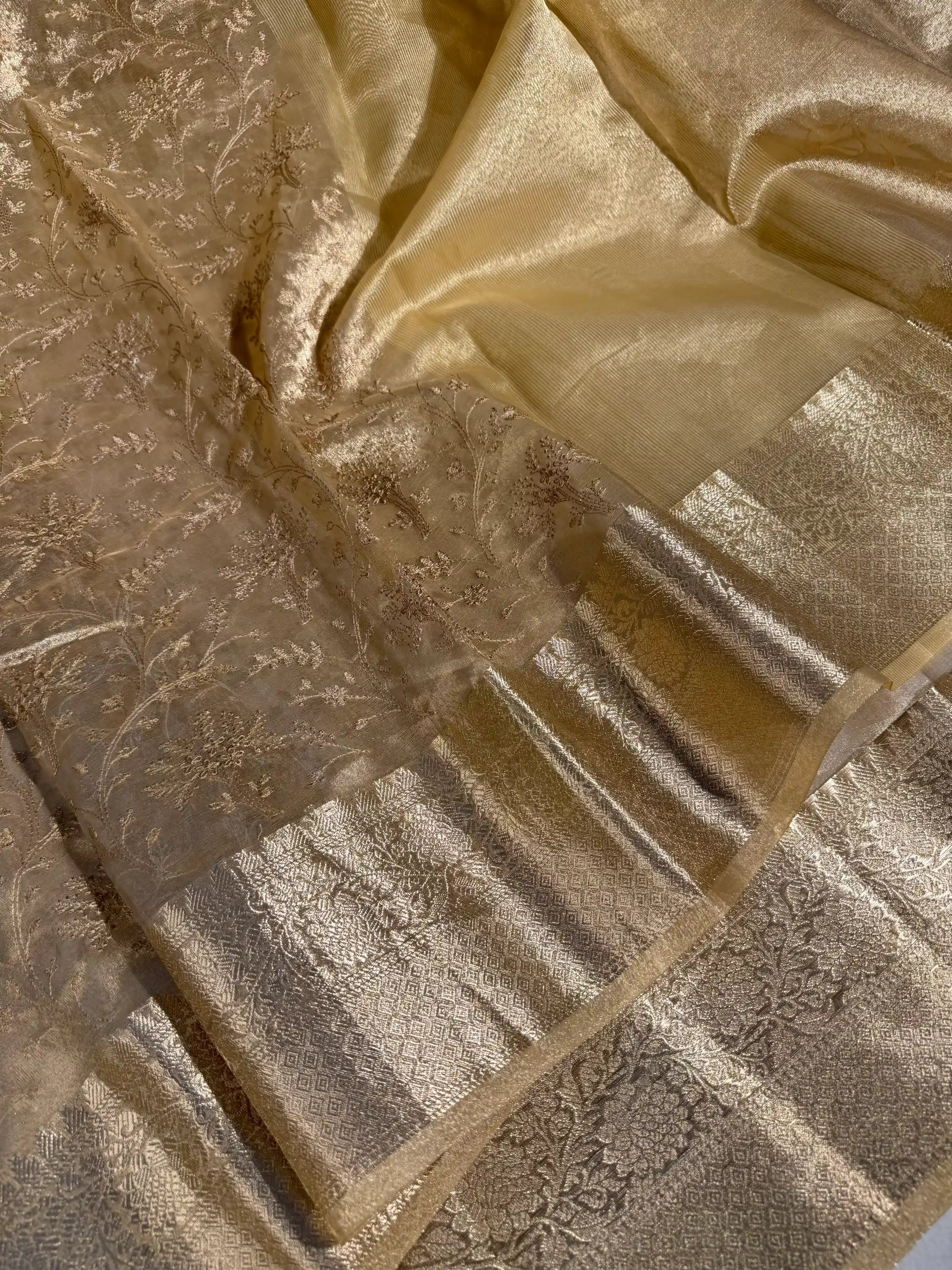 Golden Tissue Silk Traditional Chikankari Work Banarasi Saree