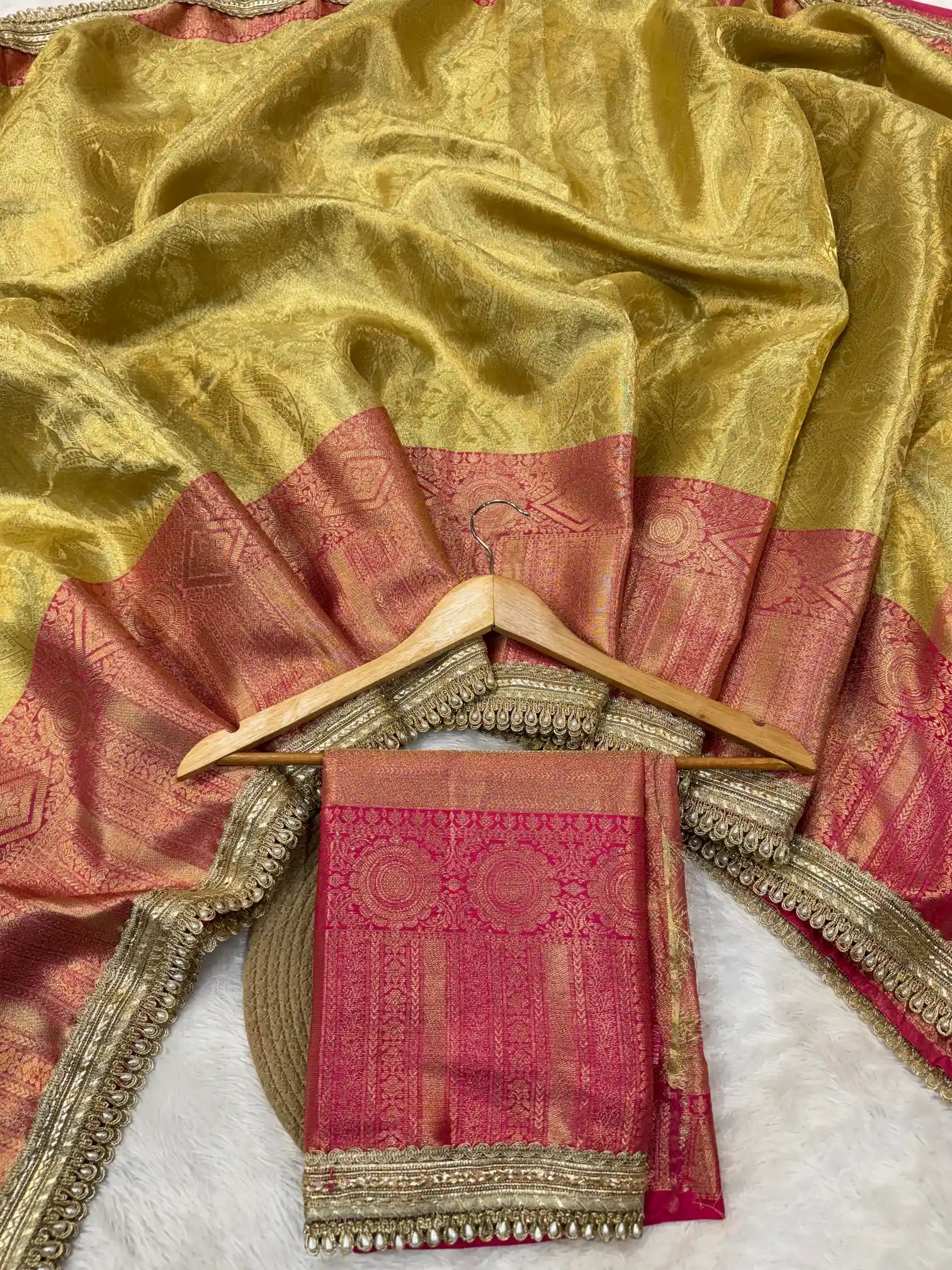 Golden Embossed Tissue Silk Lace Work Banarasi Saree