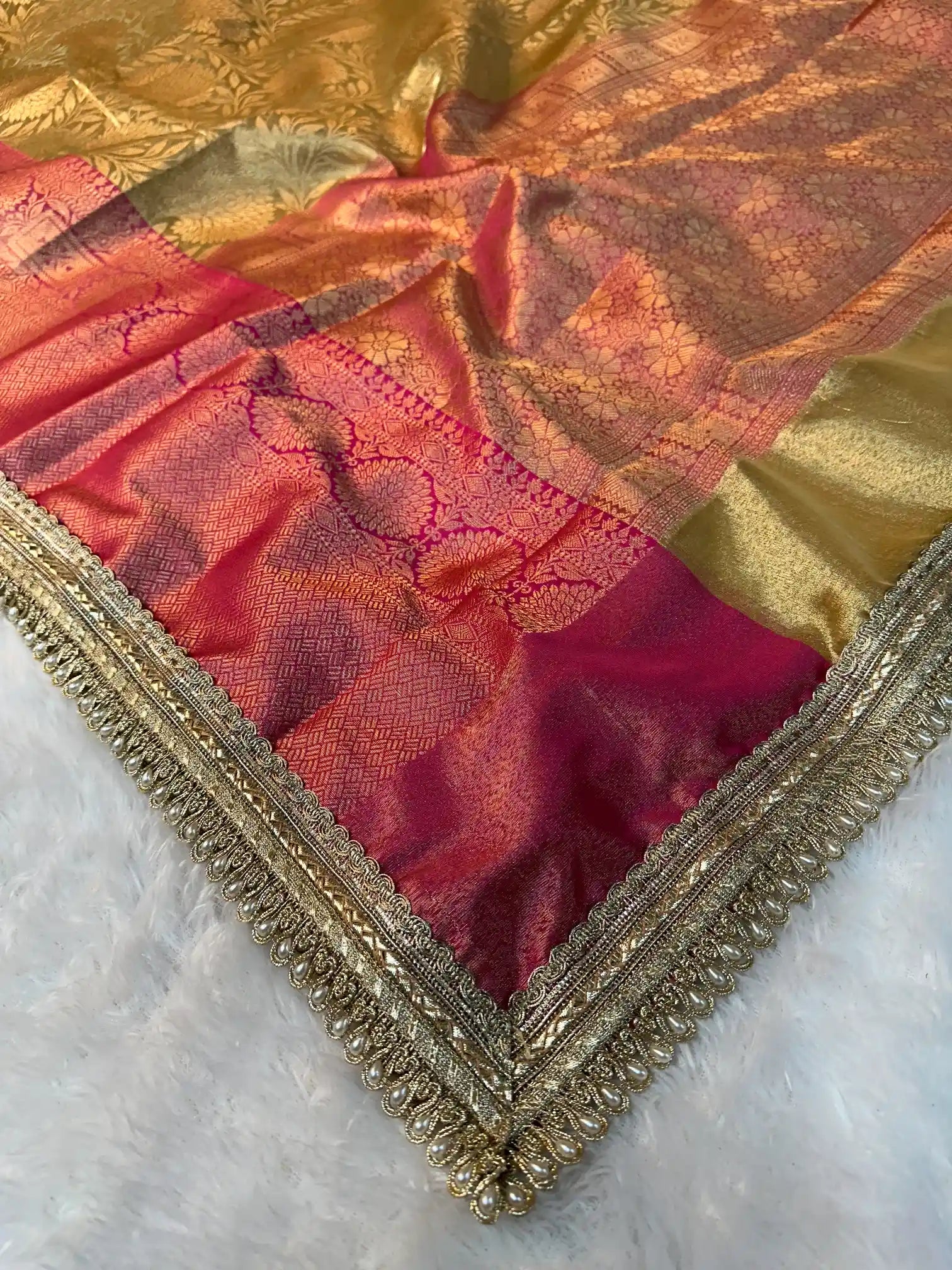 Golden Embossed Tissue Silk Lace Work Banarasi Saree