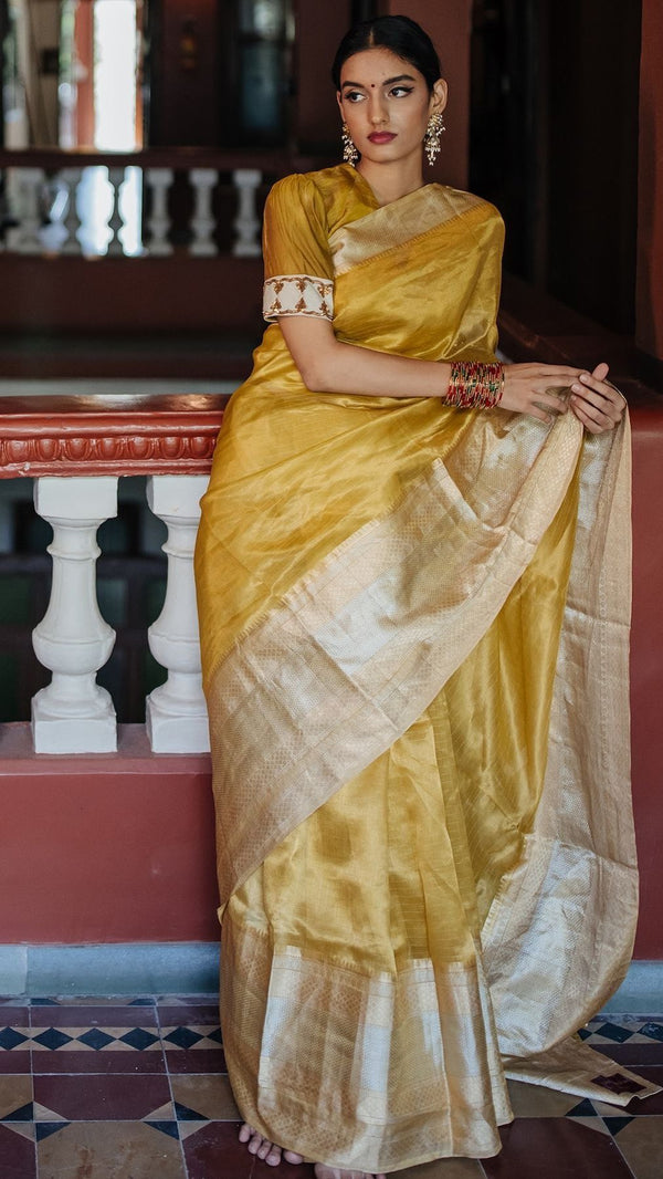 Golden Kanjeevaram Tissue Silk Kanchi Pattu Saree