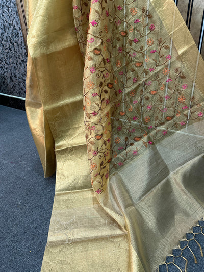 Golden Kota Tissue Silk Floral Embroidered Banarasi Saree