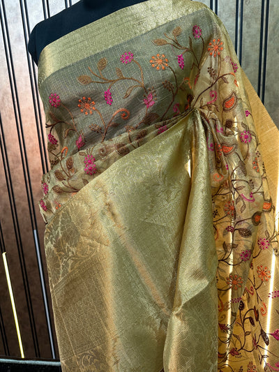 Golden Kota Tissue Silk Floral Embroidered Banarasi Saree