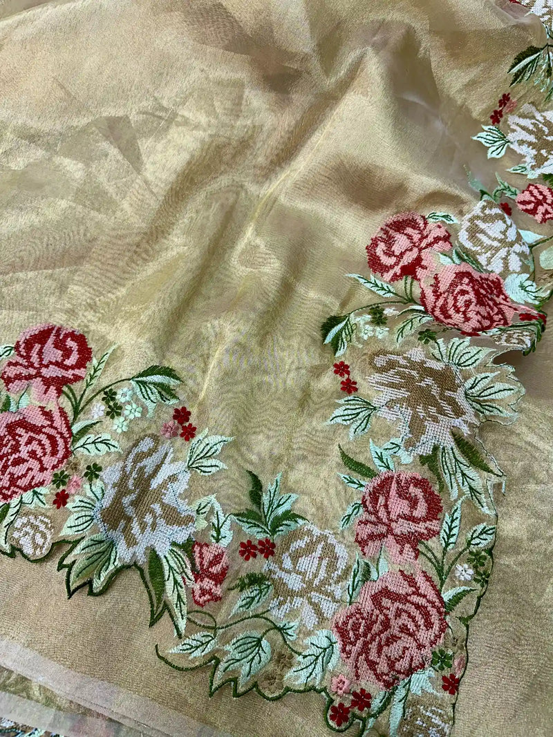 Golden Tissue Silk Crochet Banarasi Saree