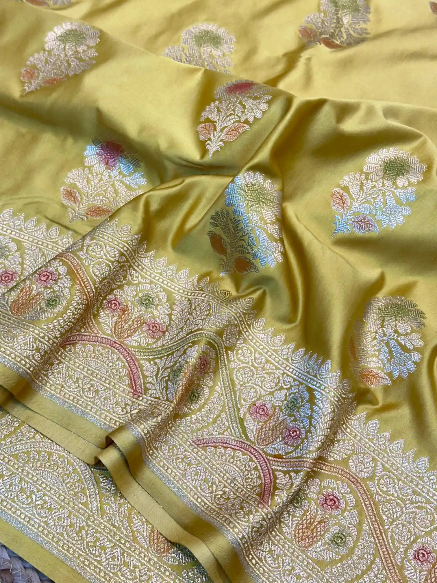 Goldish Yellow Handbrush Painted Mashru Katan Silk Banarasi Saree