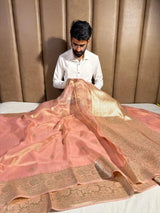 Goldish Peach Handwoven Pure Kadhua Tissue Silk Saree