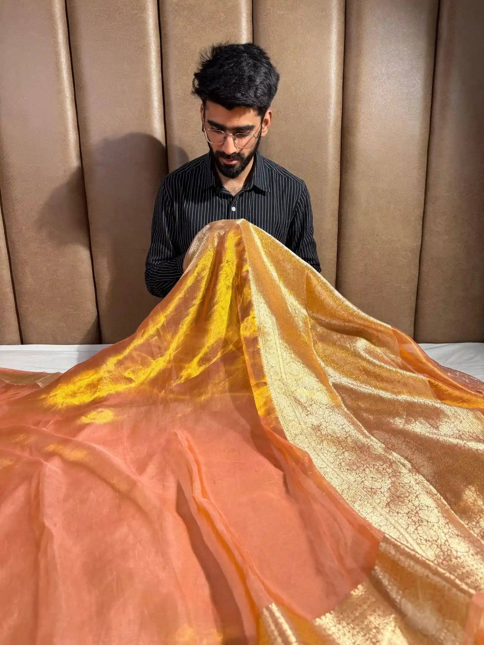 Goldish Pink Pure Tissue Silk Banarasi Saree