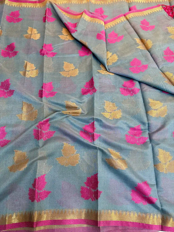 Gray Soft Cotton Silk Zari Banarasi Saree