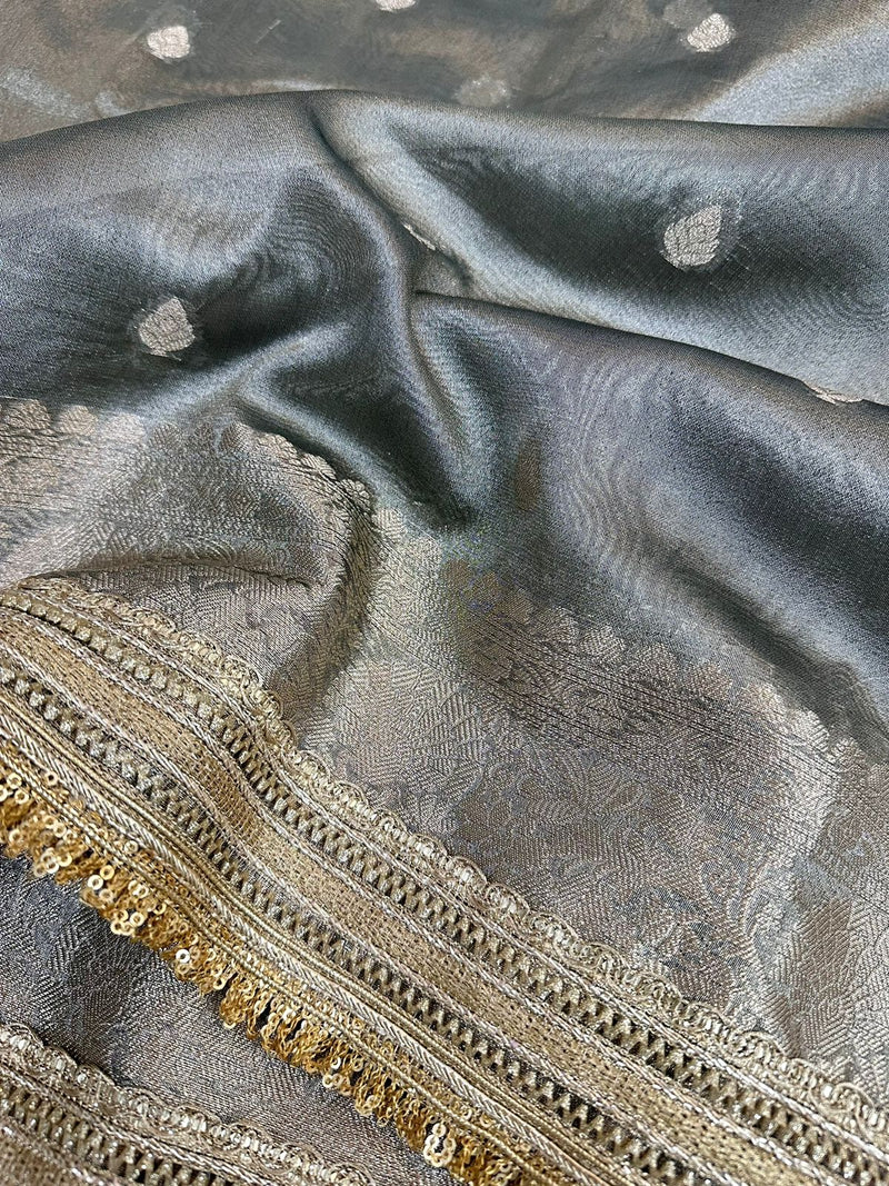 Gray Tissue Silk Lace Attached Banarasi Saree