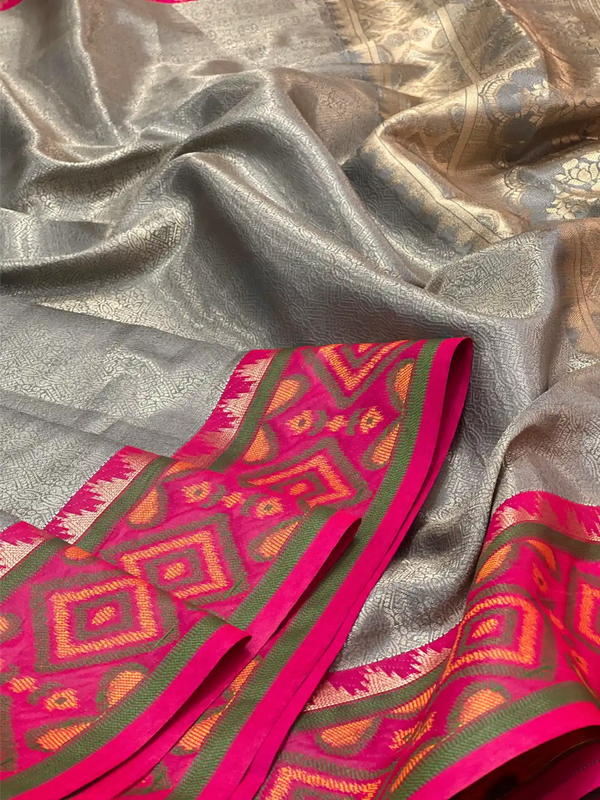 Gray Tissue Silk Pochampally Border Saree