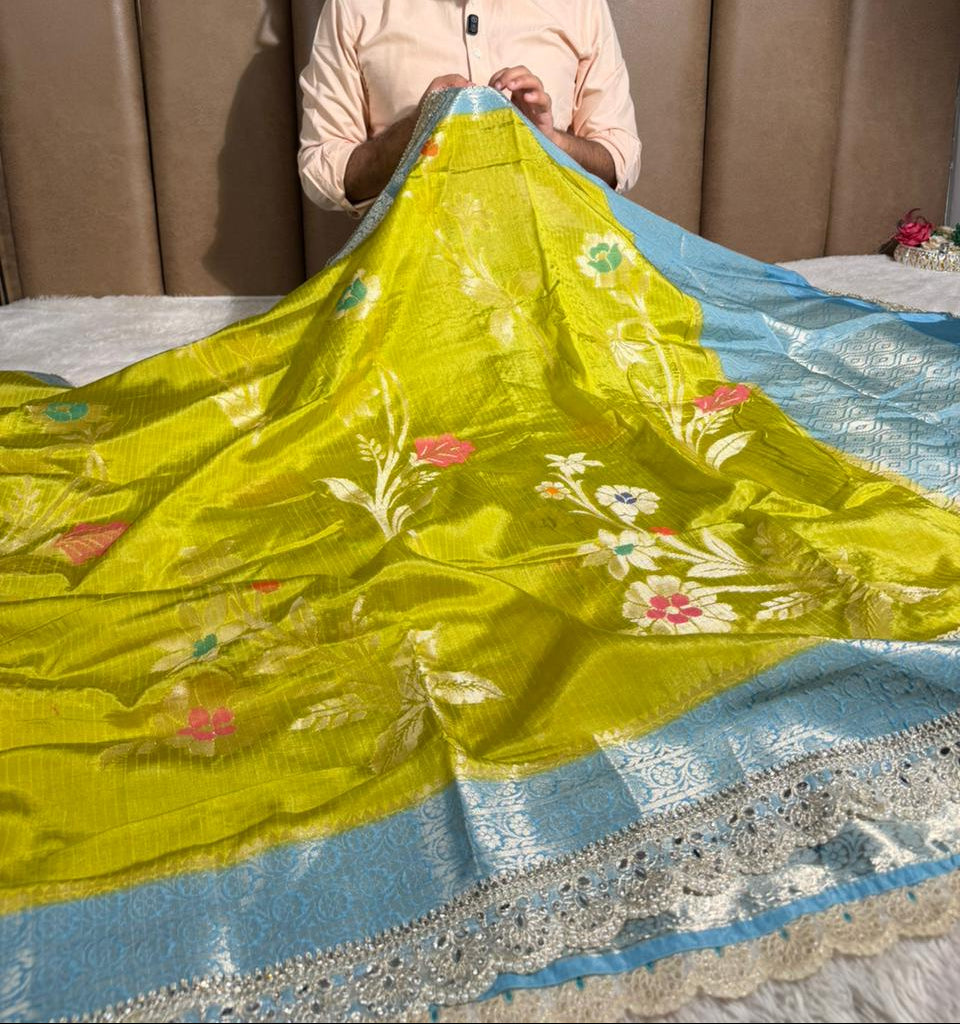 Green Firozi Premium Dupion Silk Lace Work Banarasi Saree