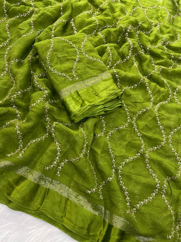 Green Viscose Georgette Silk Thread and Sequins Work Banarasi Saree