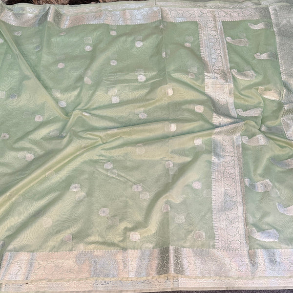 Greenish Semi Georgette Khaddi Buti Banarasi Saree