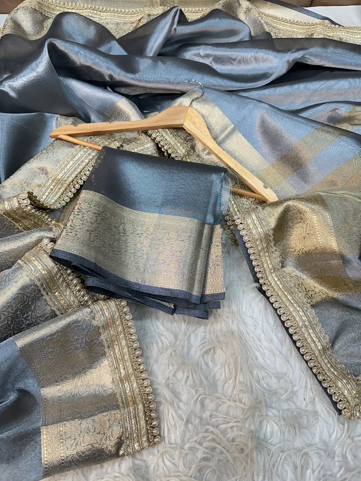 Grey Banarasi Tissue Silk Saree with Exclusive Lace Work