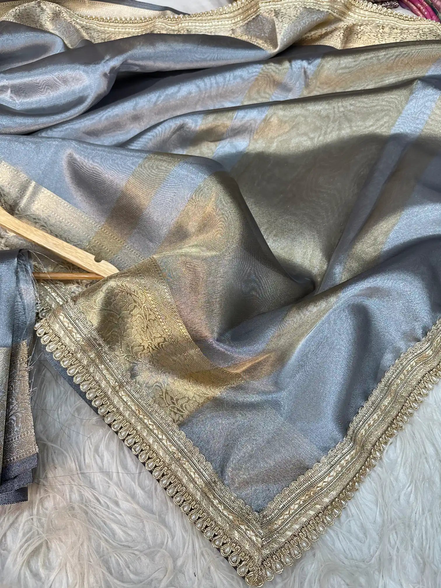 Grey Banarasi Tissue Silk Saree with Exclusive Lace Work