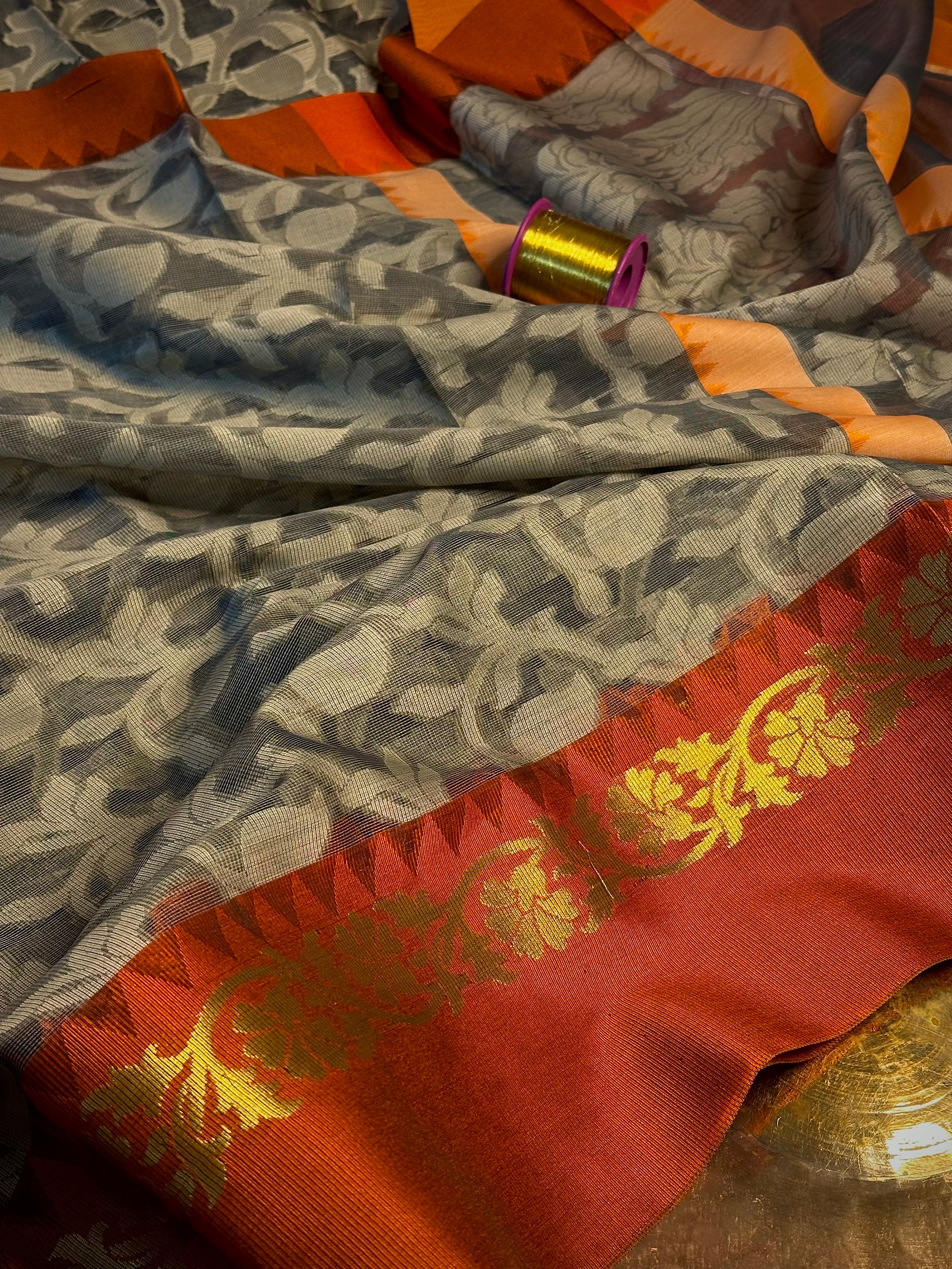 Grey Patola Orange Weave Soft Cotton Banarasi Saree