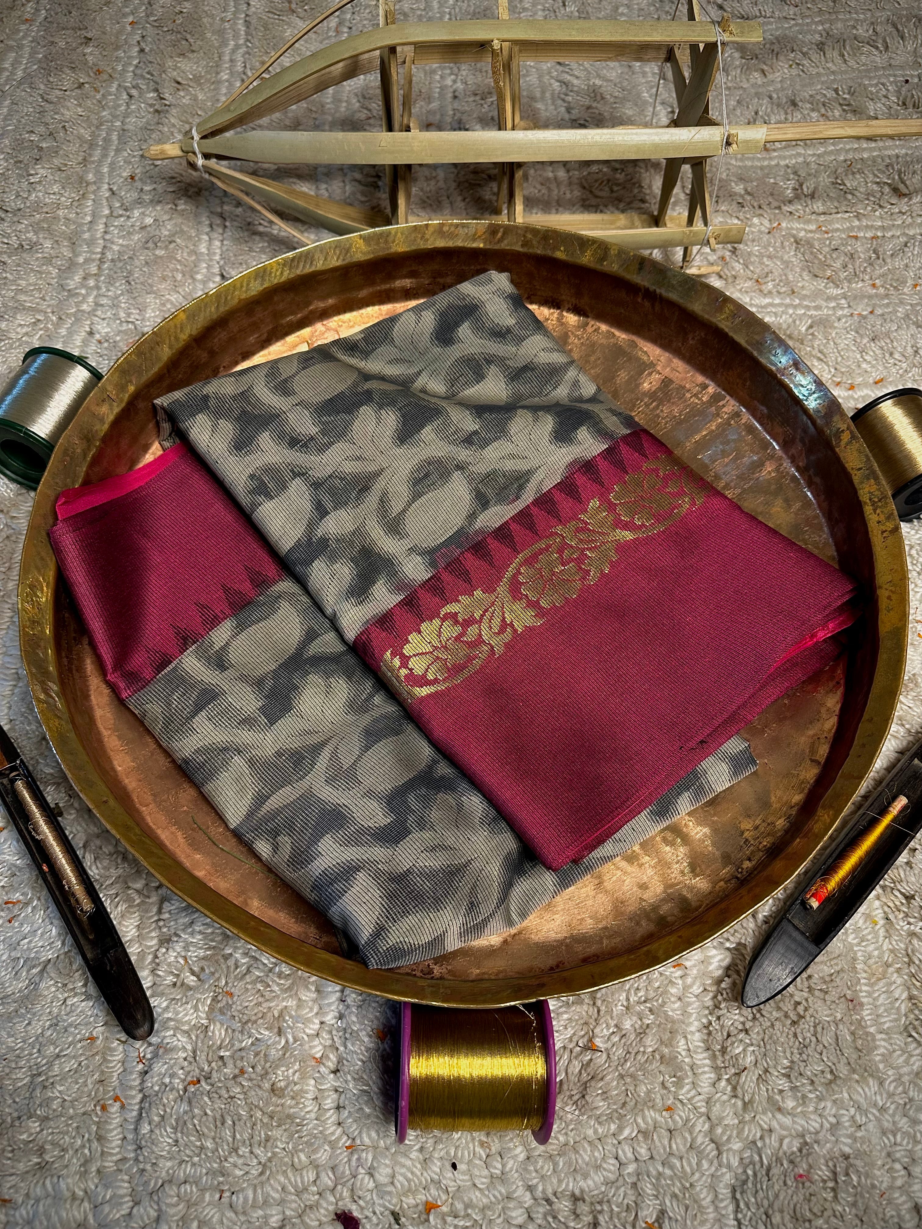 Grey Patola Rani Weave Soft Cotton Banarasi Saree