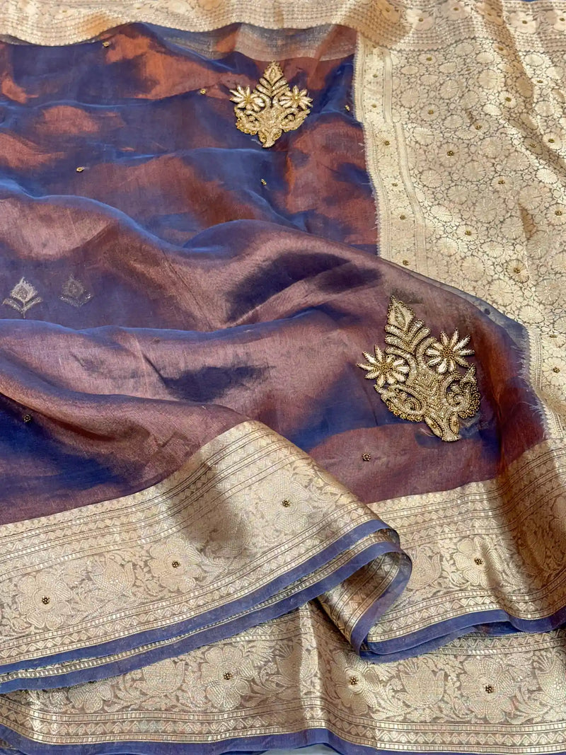 Greyish Blue Premium Handwork Pure Tissue Silk Banarasi Saree