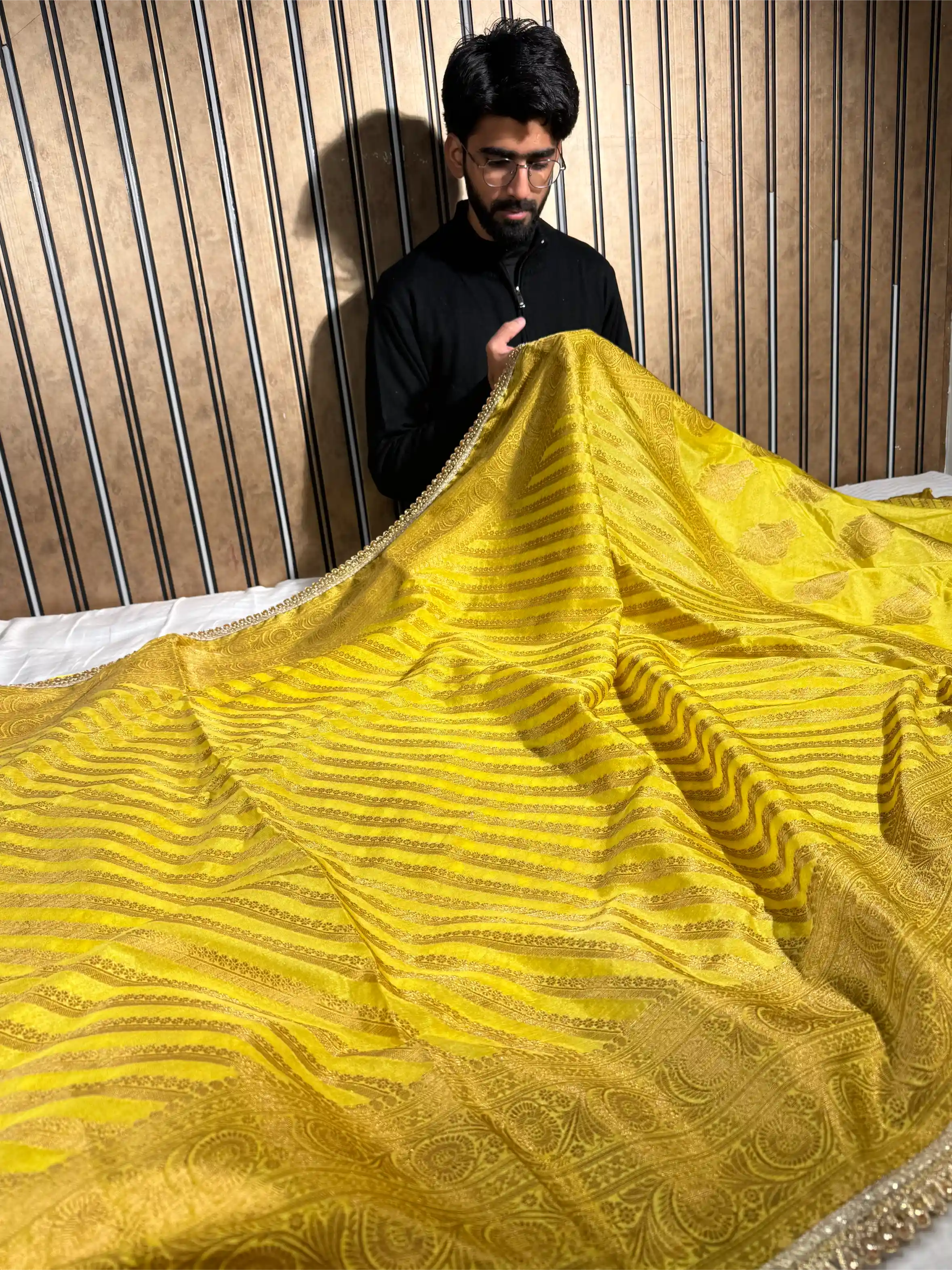 Haldi Yellow Georgette Silk Designer Lace Attached Banarasi Saree