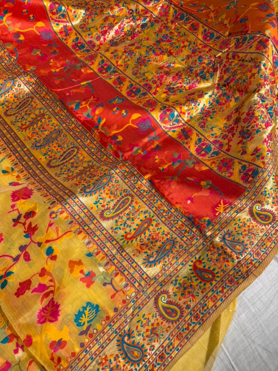 Haldi Yellow Soft Cotton Pashmina Tilfi Meenakari Banarasi Saree