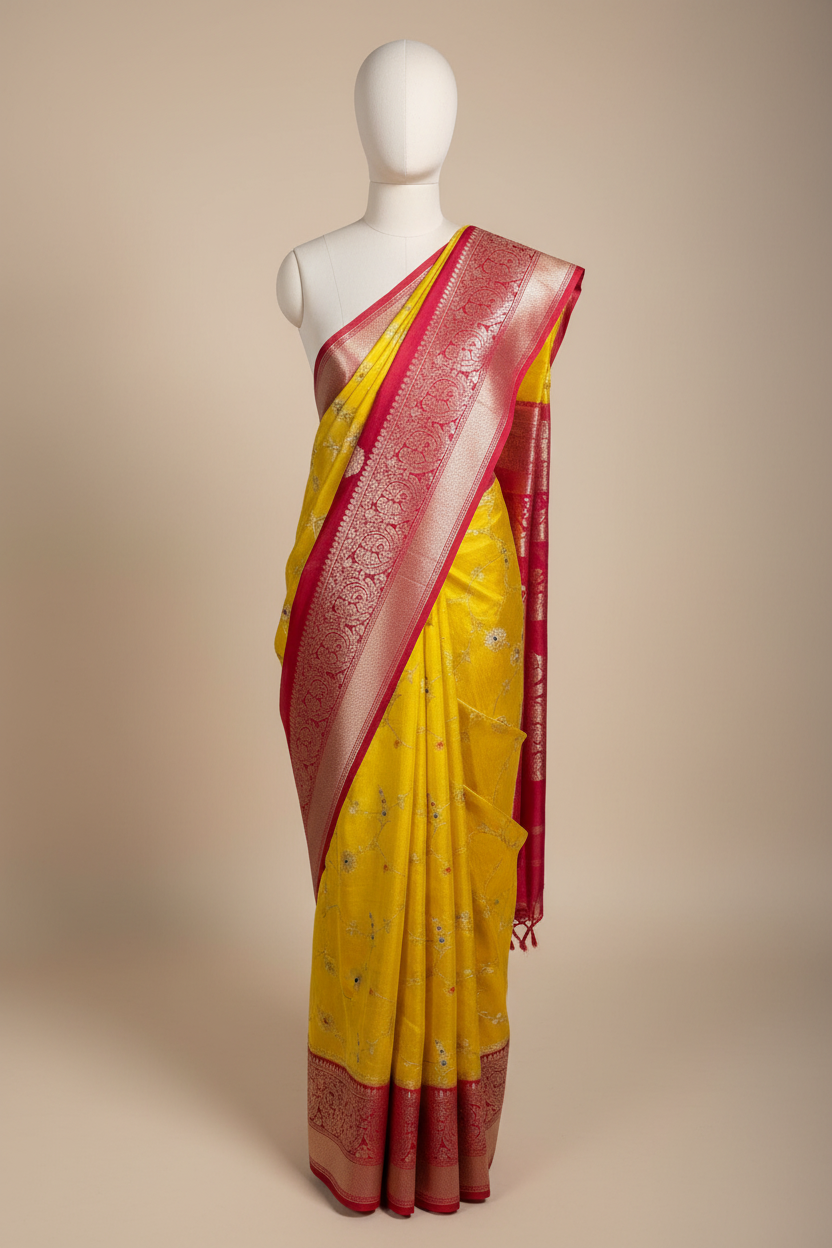 Haldi Yellow Chinia Silk Eccentric Banarasi Saree