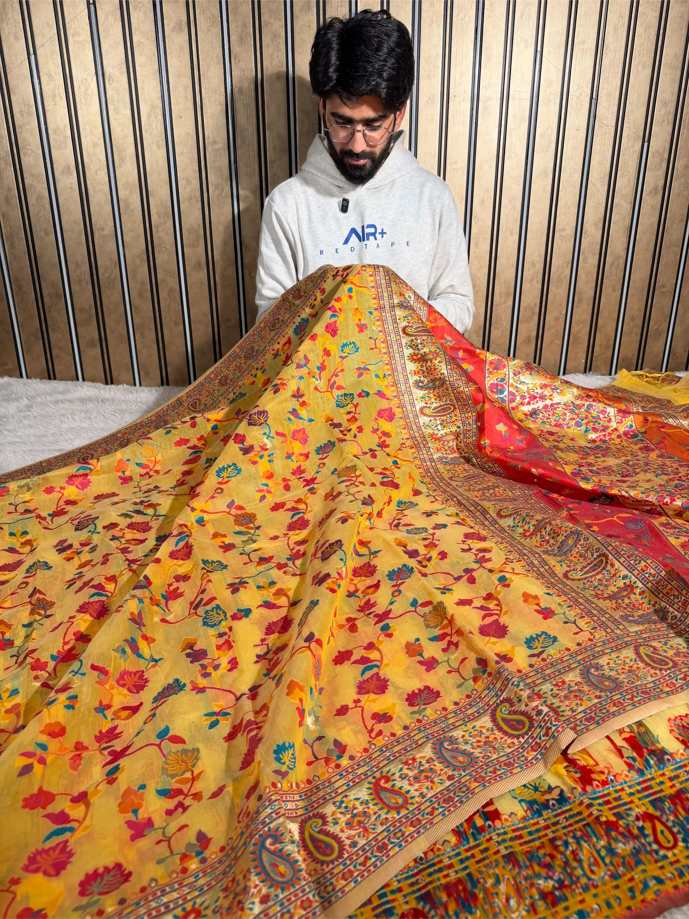 Haldi Yellow Soft Cotton Pashmina Tilfi Meenakari Banarasi Saree