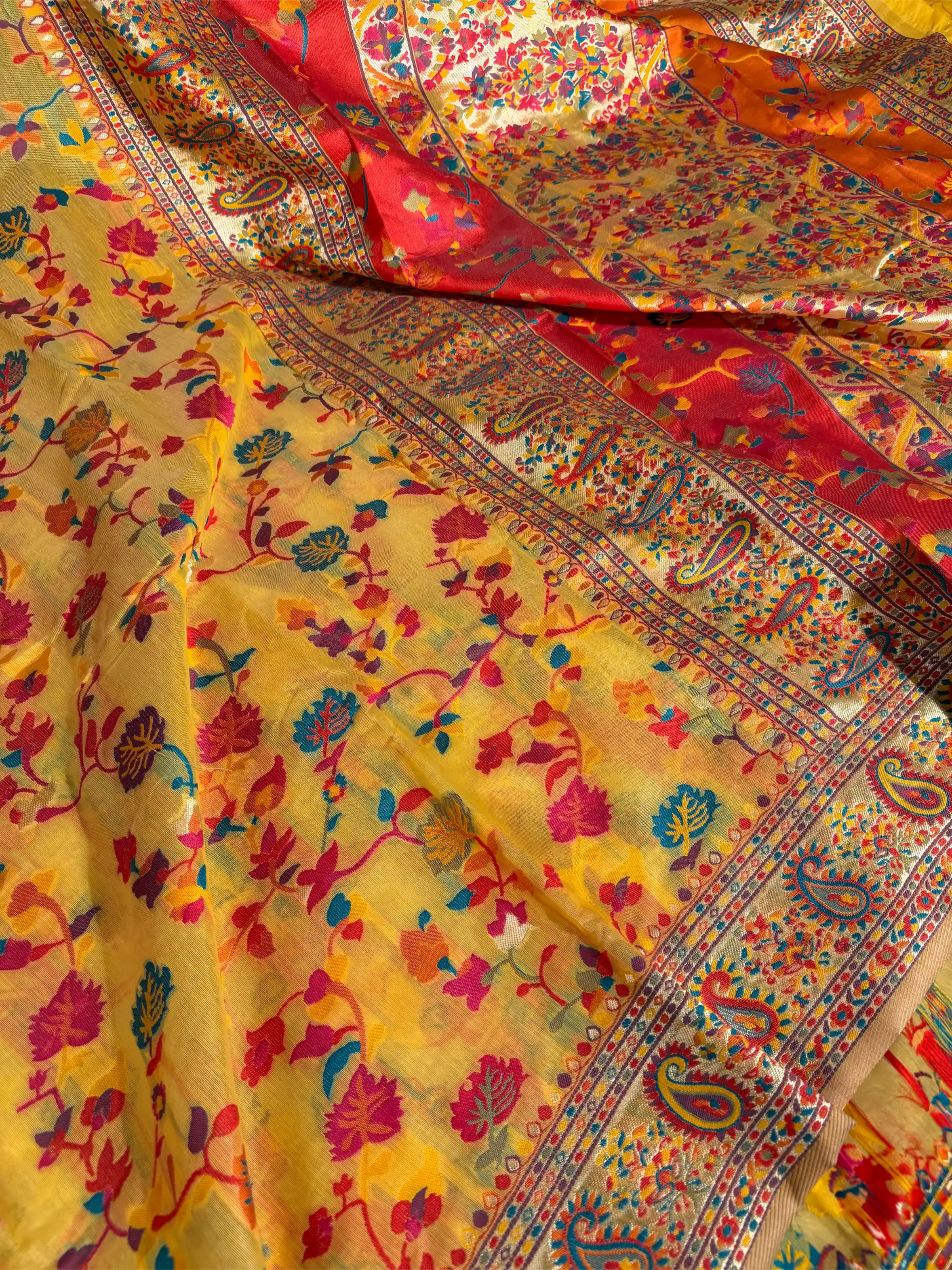 Haldi Yellow Soft Cotton Pashmina Tilfi Meenakari Banarasi Saree