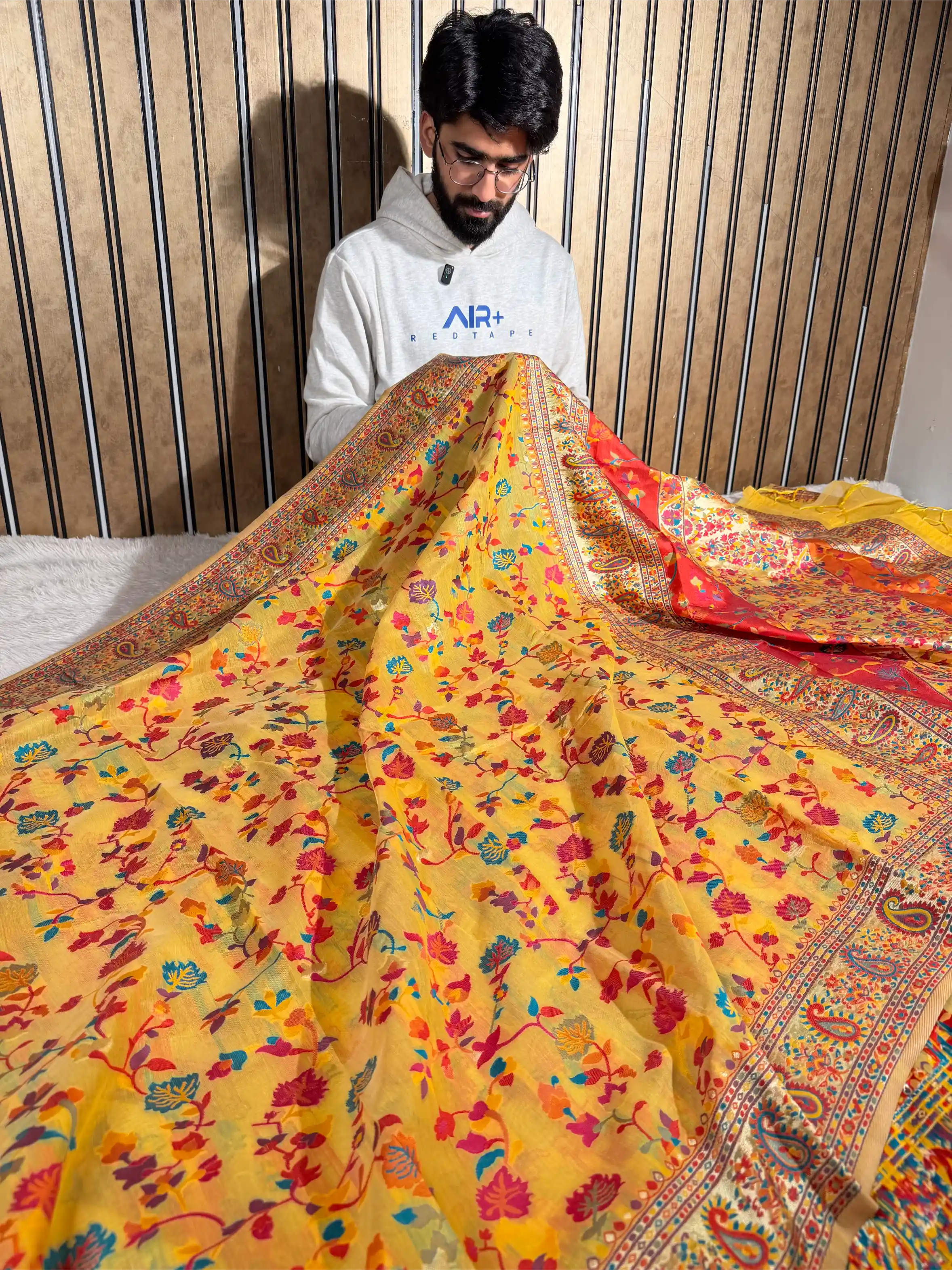Haldi Yellow Soft Cotton Pashmina Tilfi Meenakari Banarasi Saree