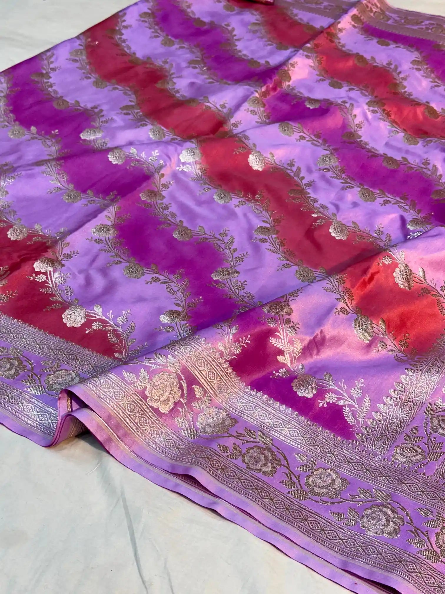 Handbrush Dyed Mashru Silk Banarasi Saree in Leheriya