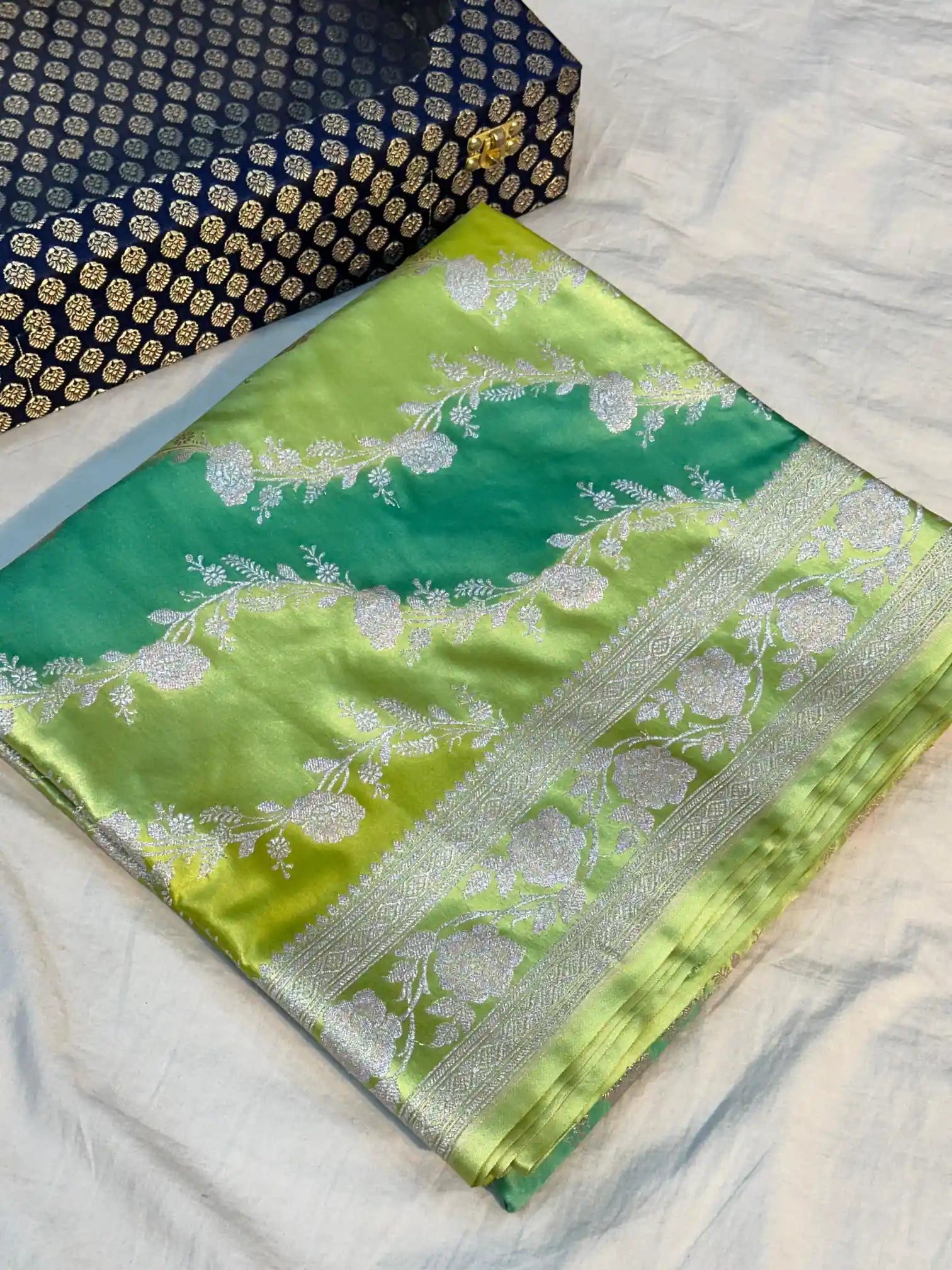 Handbrush Dyed Mashru Silk Banarasi Saree in Leheriya