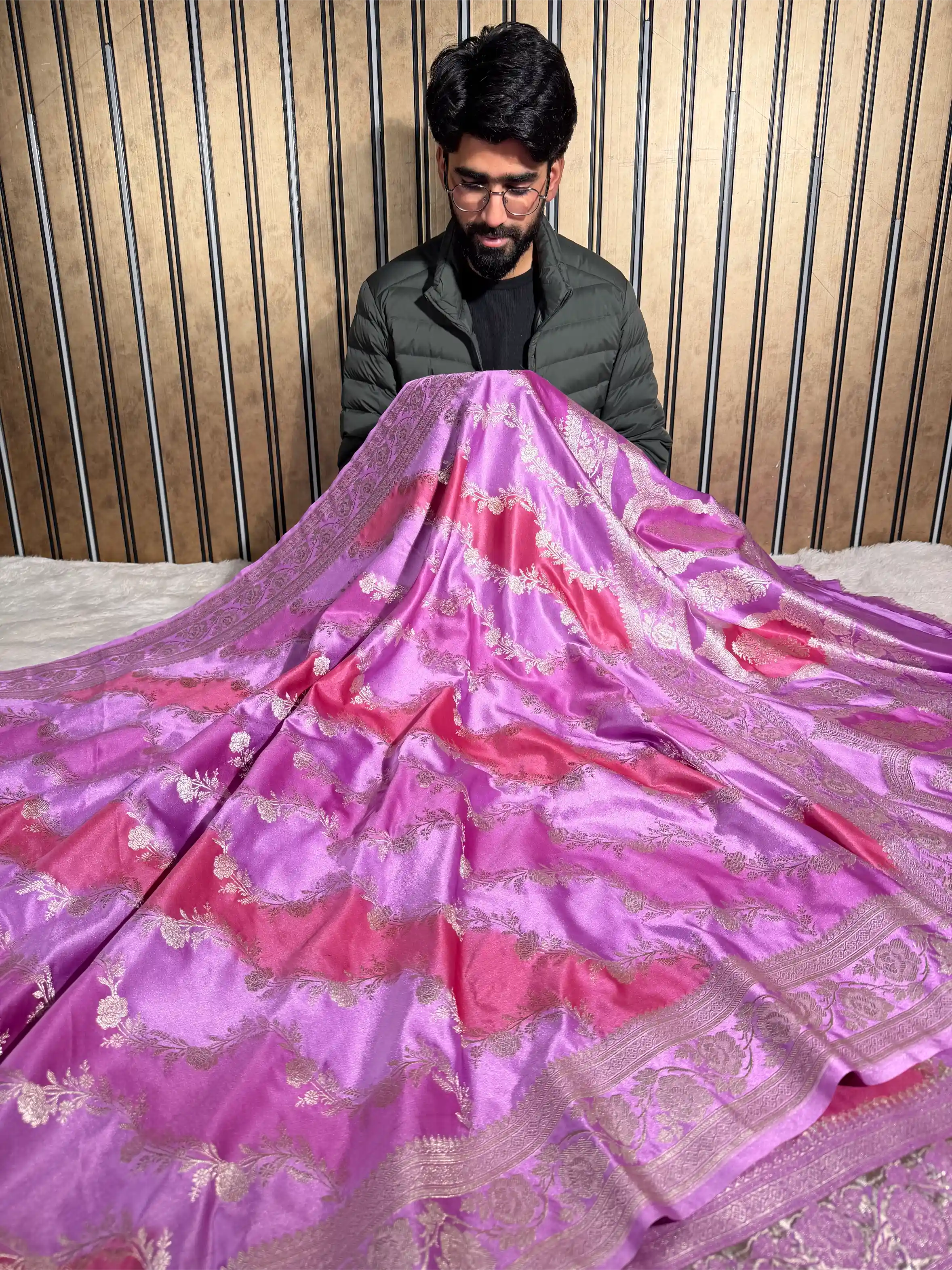 Handbrush Dyed Mashru Silk Leheriya Weave Banarasi Saree