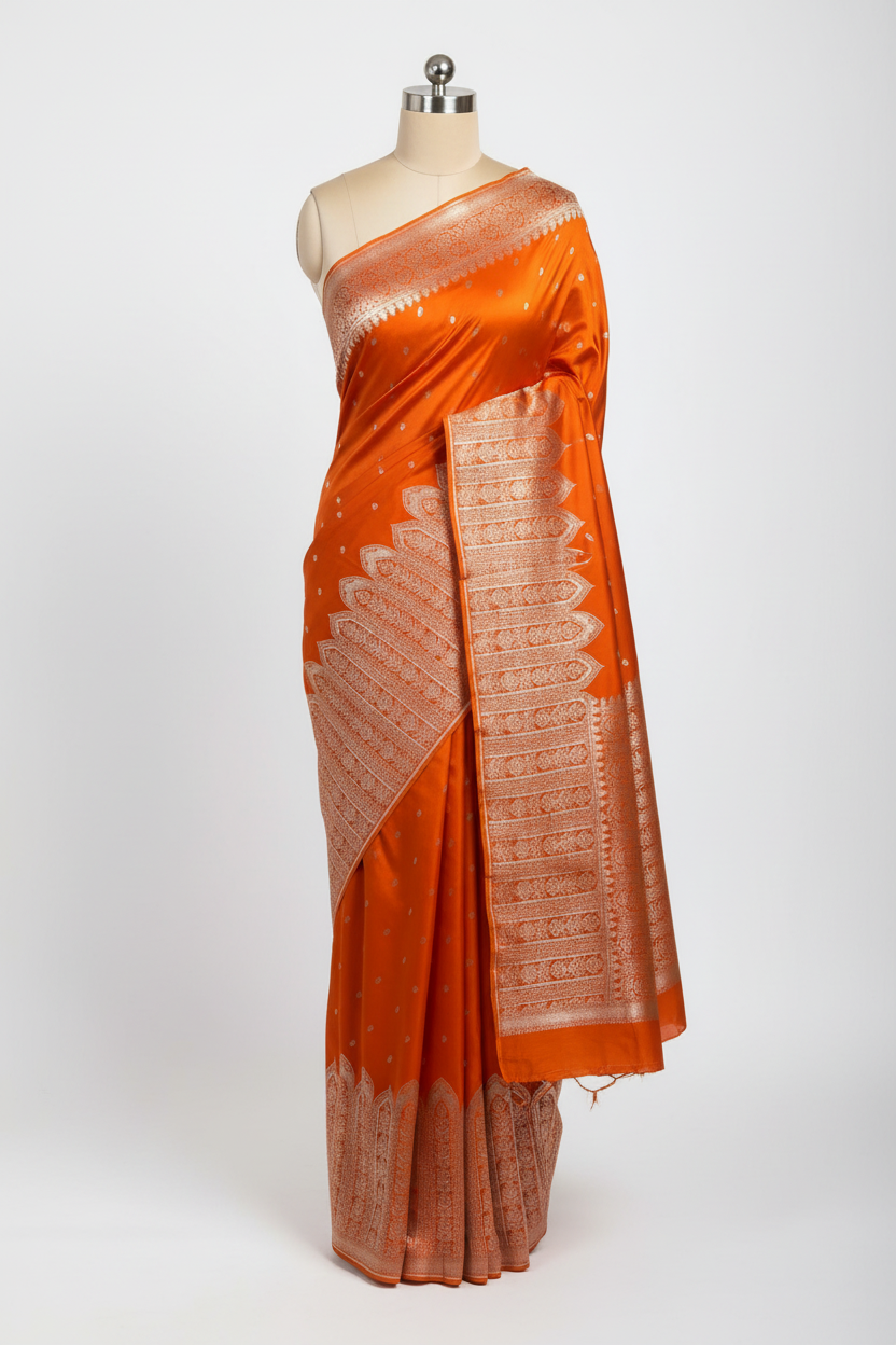 Bright Orange Mashru Katan Silk Heritage Weave Banarasi Saree