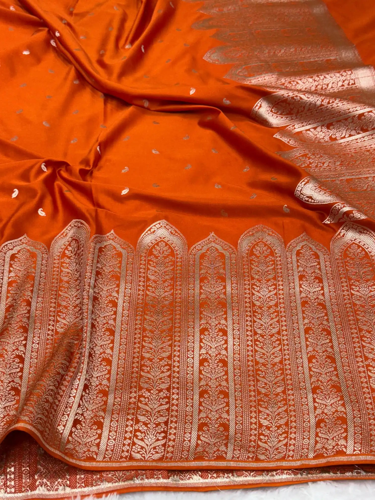 Bright Orange Mashru Katan Silk Heritage Weave Banarasi Saree