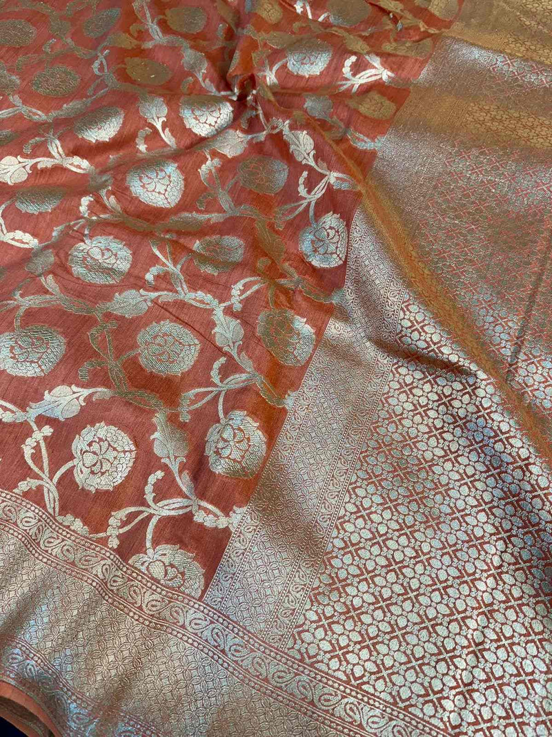 Peachish Orange Shade Pure Munga Silk Saree