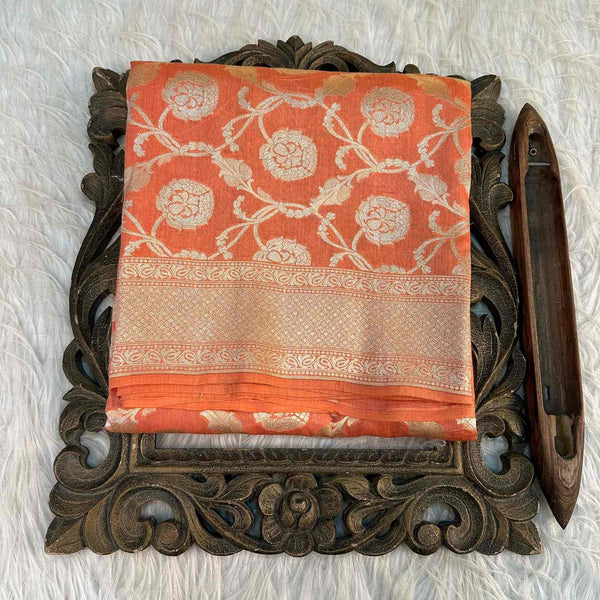 Peachish Orange Shade Pure Munga Silk Saree